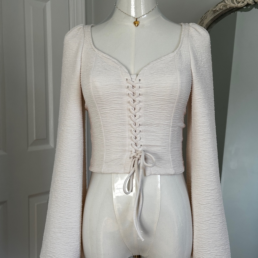 Cream lace-up corset top with drop balloon sleeves m